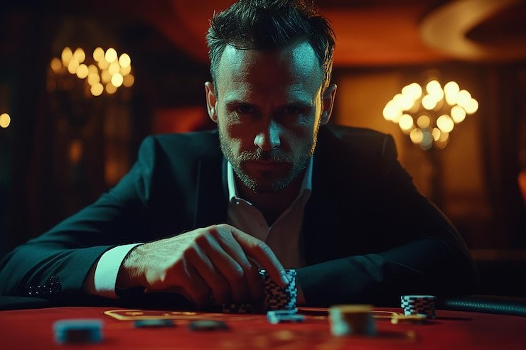 Pemain Texas Poker di meja permainan pejuang kasino dengan kartu dan chip